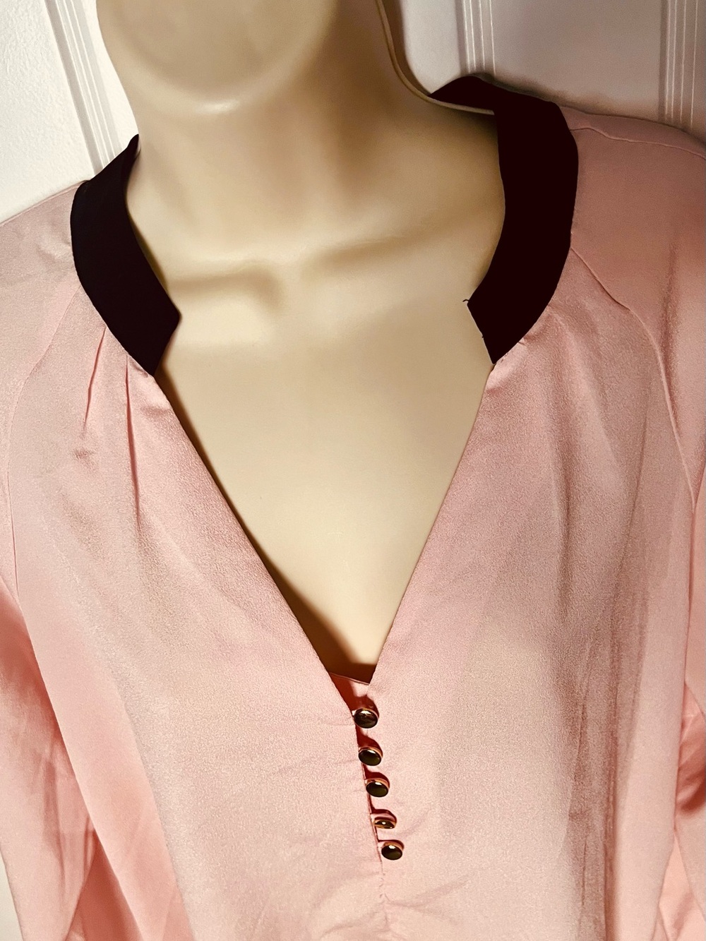 New York & Company Feminine Pink V-Neck Blouse with Black Contrast Collar